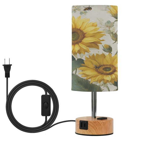 Touch Control Table Lamp with LED Bulb Bedside Lamp for Bedroom Living Room Sunflower and Bee Pattern