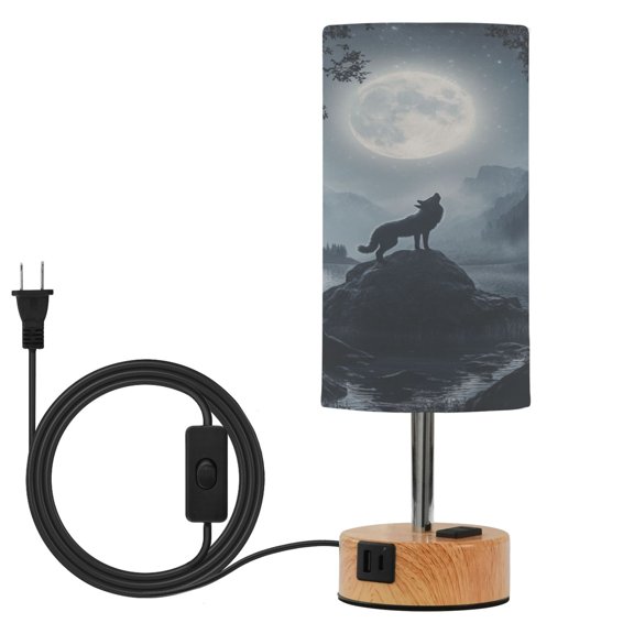 Touch Control Table Lamp with LED Bulb Bedside Lamp for Bedroom Living Room Wolf Howling at The Moon