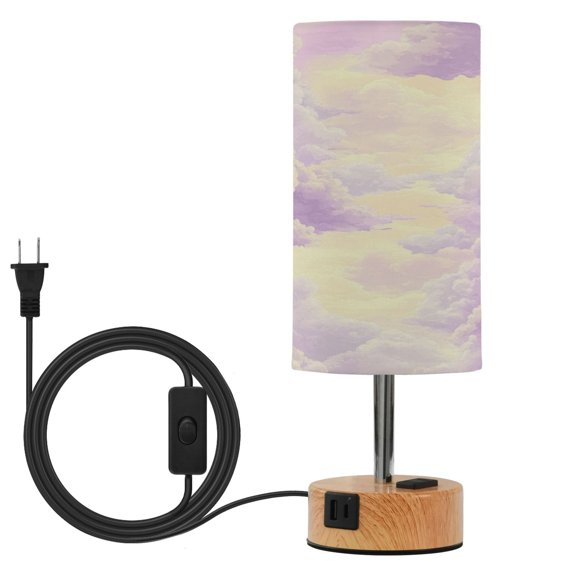 Touch Control Table Lamp with Wood Grain Metal Base, 3 Color Temperature Adjustable LED Eye Caring Desk Lamp for Bedroom Study Beautiful Purple Cloud