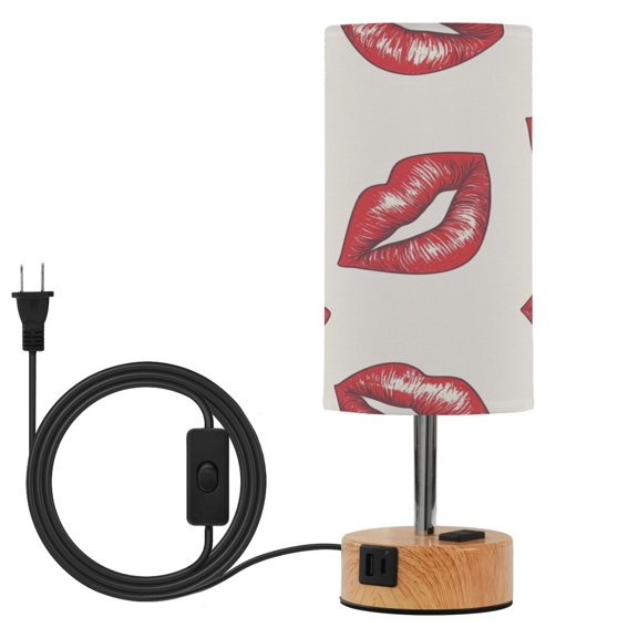Touch Control Table Lamp with Wood Grain Metal Base, 3 Color Temperature Adjustable LED Eye Caring Desk Lamp for Bedroom Study Cartoon Red Lips