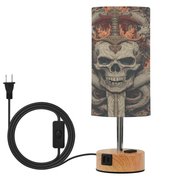 Touch Control Table Lamp with Wood Grain Metal Base, 3 Color Temperature Adjustable LED Eye Caring Desk Lamp for Bedroom Study Skeleton Pattern