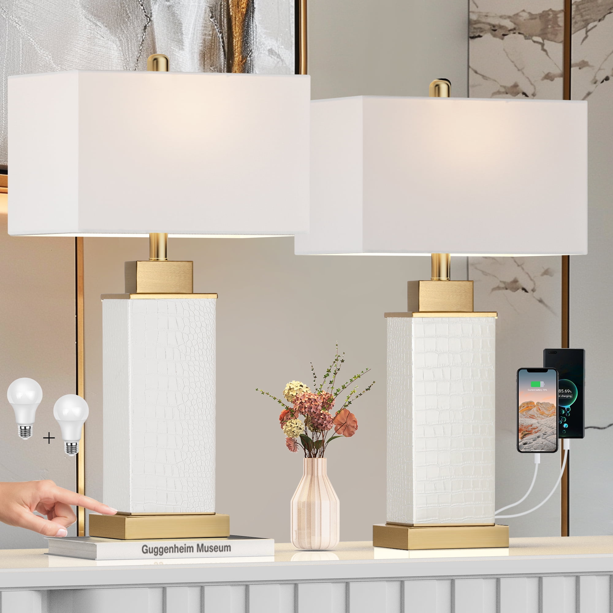 Touch Control Table Lamps Set of 2, Modern White Faux Leather Snakeskin Bedside Lamp with USB C+A Ports