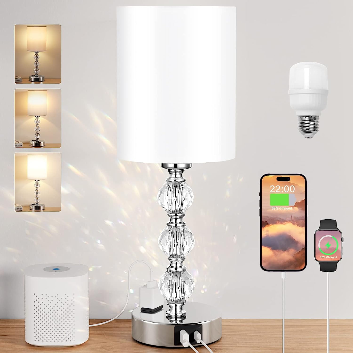 Touch Crystal Table Lamps, 3 Way Dimmable Bedside Lamp with USB C+A Charging Port for Bedroom Living Room, Office (Bulb Included)