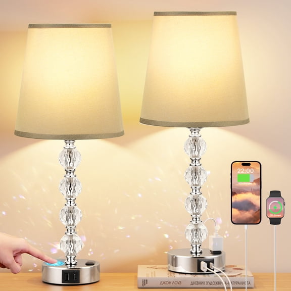 Touch Crystal Bedside Table Lamps for Bedroom 18.5" with USB C&A Charging Port and AC Outlet, Small Night Stand Light for Living Room, Dorm, Office, Gray