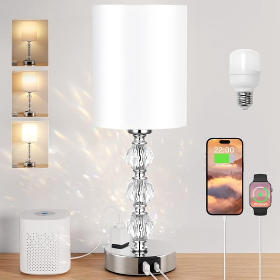 Touch Crystal Table Lamp, Small Bedside Lamp with USB C+A Charging Port and AC Outlet, 3 Way Dimmable Nightstand Lamp for for Bedroom Living Room, Office