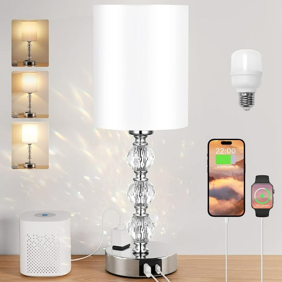 Touch Crystal Table Lamps, 3 Way Dimmable Bedside Lamp with USB C+A Charging Port for Bedroom Living Room, Office (Bulb Included)