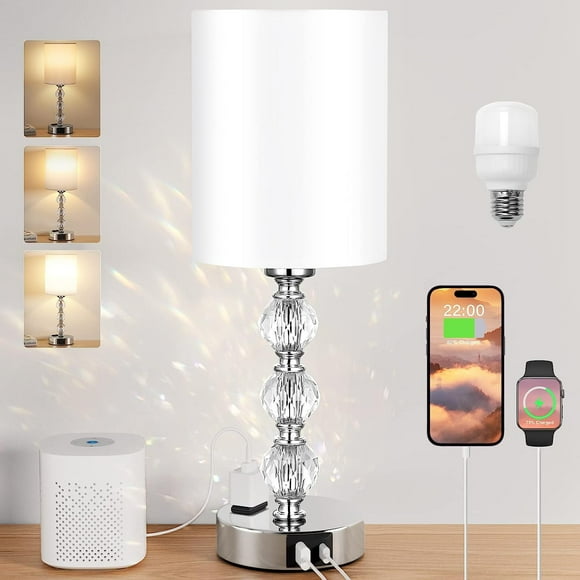 Touch Crystal Table Lamps, 3 Way Dimmable Bedside Lamp with USB C+A Charging Port for Bedroom Living Room, Office (Bulb Included)