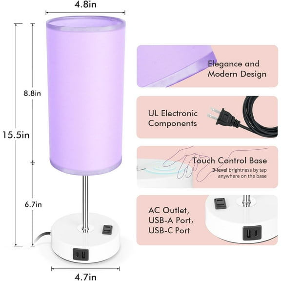 Touch Desk  with USB Port - 3 Way Dimmable  Nightstand  for Bedroom, Living Room