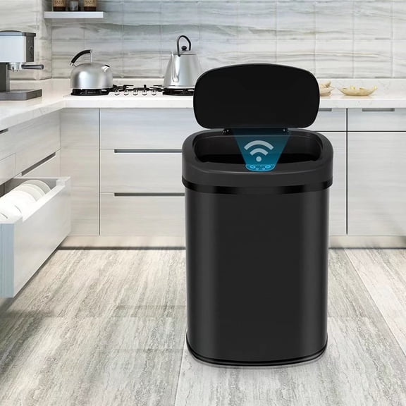 Touch Free 13 Gallon Stainless Steel Automatic Sensor Trash Can No Touch Garbage Can Kitchen Waste Bin High-Capacity Bathroom Trash Can with Lid for Home Bedroom Office,Powered by Battery,Black
