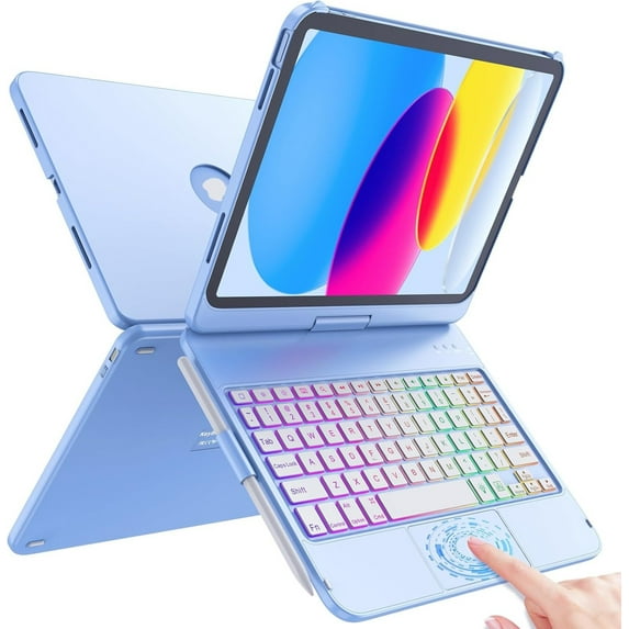 Touch Keyboard Case for iPad (A16) 11th , 360° Rotate for iPad 10th Generation Case with Keyboard, Backlit Keyboard Case with Pencil Holder, Blue