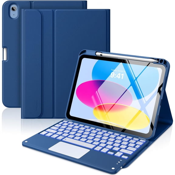 Touch Keyboard Case for iPad (A16) 11th Generation 11 inch 2025, iPad 10th Generation 10.9 inch Case with Pencil Holder, 7 Colors Backlit Multi-TrackPad Detachable Bluetooth Keyboard, Navy Blue