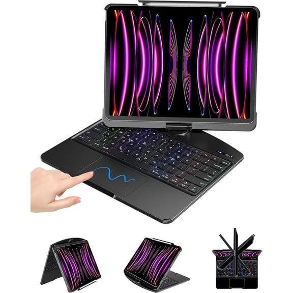 Touch Keyboard Case for iPad Air M2 11 Inch 2024/iPad Pro 11 4th/3rd/2nd/1st Gen 2021/2020/2018/iPad Air 5th/4th Gen with Clear Hard PC Back & Trackpad & Backlight & 360° Rotatable & Pencil Holder