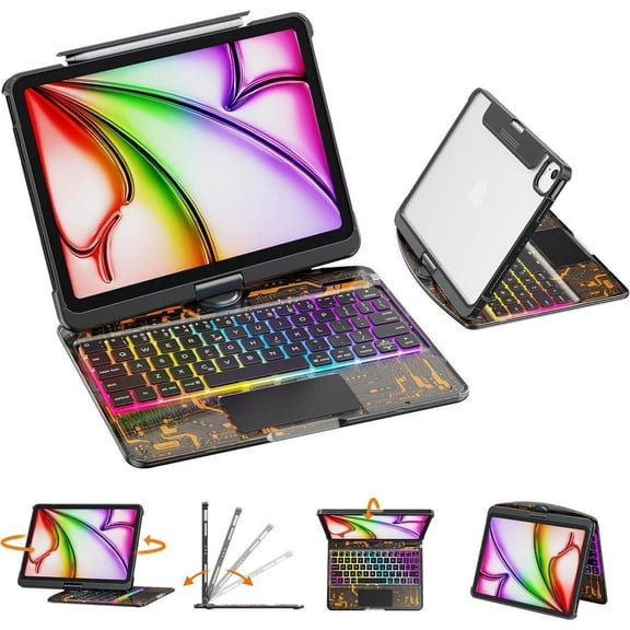 Touch Keyboard Case for iPad Air M2 11 Inch 2025 2024/iPad Pro 11 4th/3rd/2nd/1st Gen 2021/2020/2018/iPad Air 5th/4th Gen with Clear Hard PC Back & Trackpad & Backlight & 360° Rotatable & Pen Holder