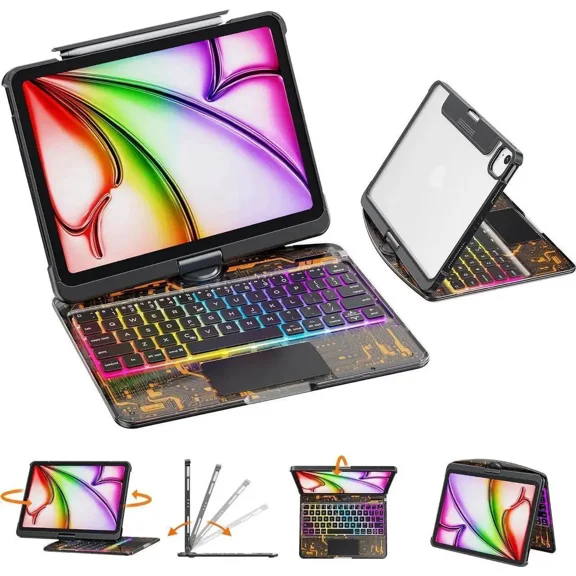 Touch Keyboard Case for iPad Air M4 11 Inch 2026 025 2024/iPad Pro 11 4th/3rd/2nd/1st Gen 2021/2020/2018/iPad Air 5th/4th Gen with Clear Hard PC Back & Trackpad & Backlight & Rotatable & Pen Holder