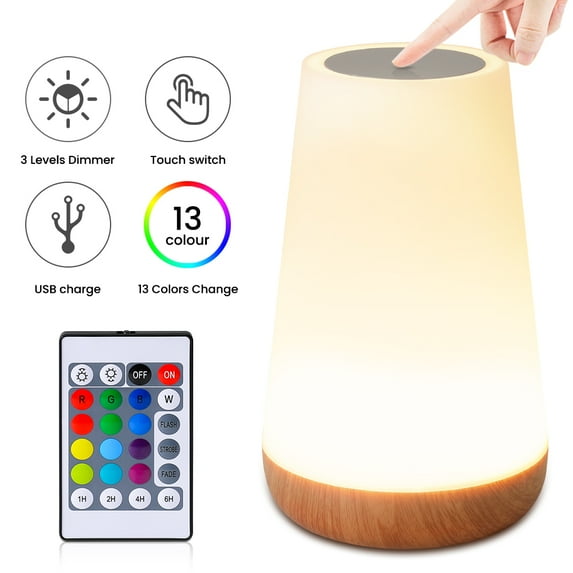 Touch Lamp, Night Light Bedside Lamp, Dimmable Light with Remote, Rechargeable, Warm White Light & 13 Color Changing RGB for Bedroom