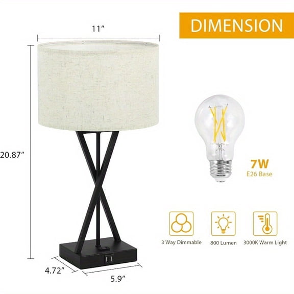 Touch Lamp with USB Port and Outlet, Modern 3 Way Dimmable Table Lamp with Fabric Shade for Living Room, X Shaped Bedside Lamps for Bedroom Set of 2, Bulbs Included