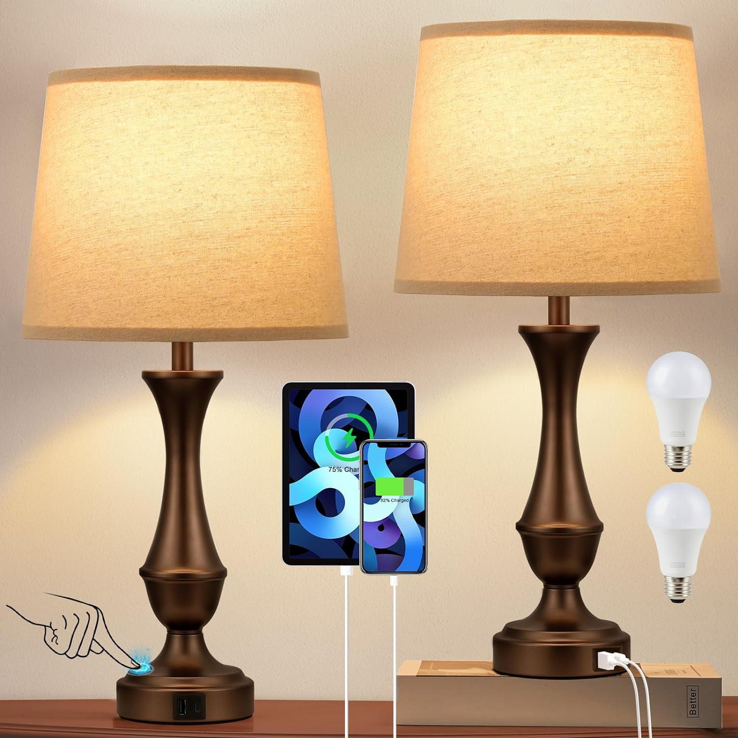 Brown Touch Table Lamps Set with USB Ports and 3-Way Switch