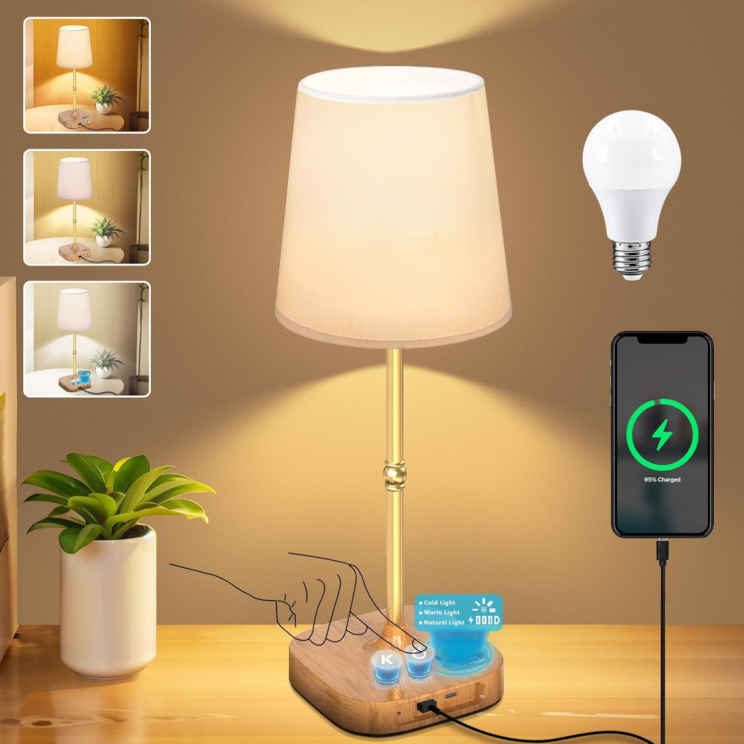 Touch Desk Lamps Set Of 2 - USB Rechargeable, Dimmable Bedside Lamps With 3 Color Temps, Cordless For Bedroom & Office