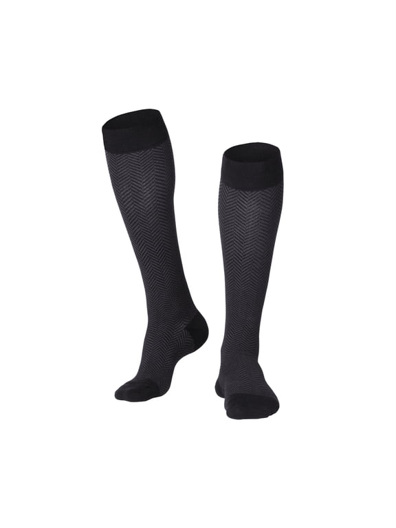 Men's Knee High Compression Socks, 20-30 mmHg, Black Herringbone Pattern, Medium