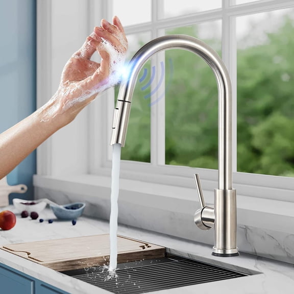 Touch On Senor Touchless Kitchen Sink Faucet Pull Out Sprayer Mixer Tap Brushed For Daily Life