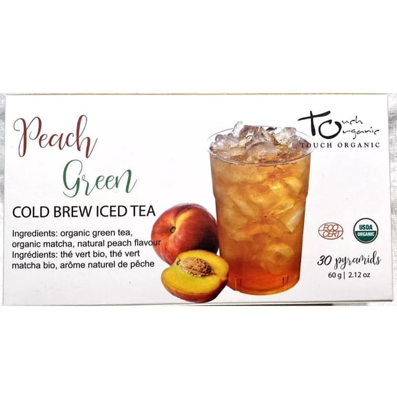 Touch Organic Peach Green Tea with Matcha, Cold Brew Iced Tea, 30 Pyramid Bags
