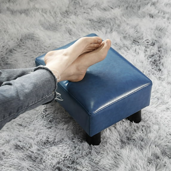 Touch-Rich 16" Small Footstool PU Leather Ottoman Footrest Modern Home Living Room Bedroom Rectangular Stool with Padded Seat (Blue)