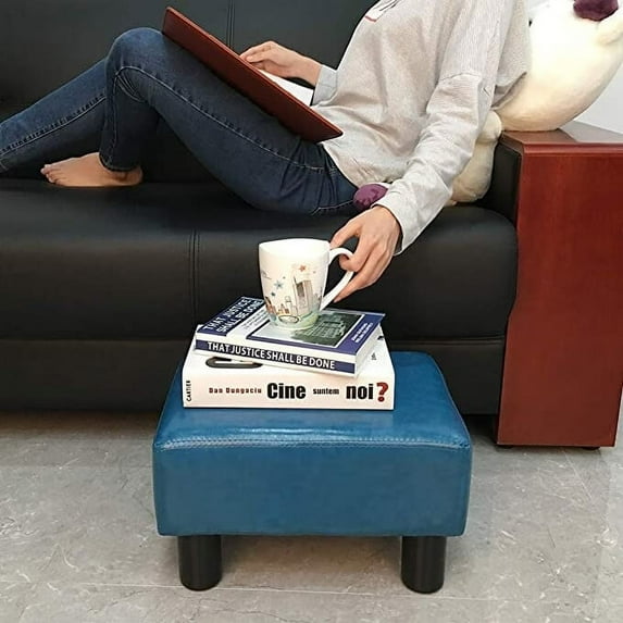 Touch-Rich 16" Small Footstool PU Leather Ottoman Footrest Modern Home Living Room Bedroom Rectangular Stool with Padded Seat (Teal)