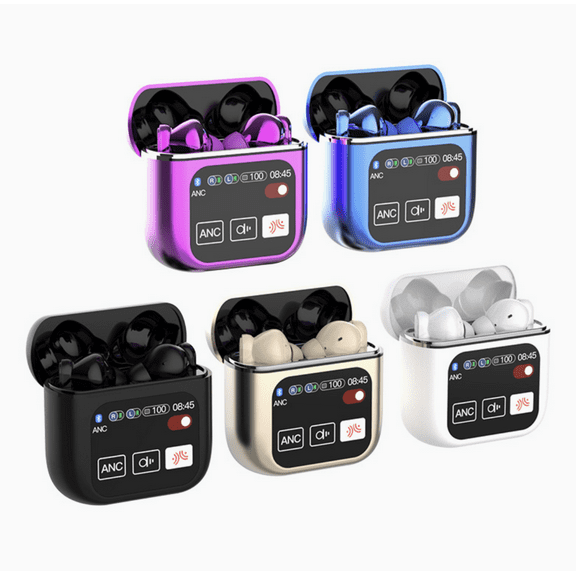 Touch Screen Bluetooth Headphones, Wireless Earbuds with 1.9'' Display Case, ANC/ENC Noise Reduction, 48H Playtime, Hi-Fi Sound, Low Latency Mode, for iOS Android Phones