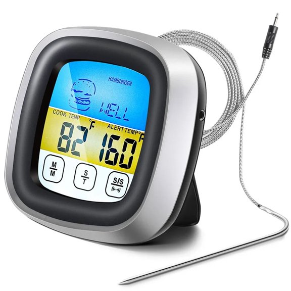 Touch Screen Digital Meat Thermometer With Probe, Kitchen Cooking Temperature Measuring Tool With Timer For Steak, BBQ, Grilling & Baking,black