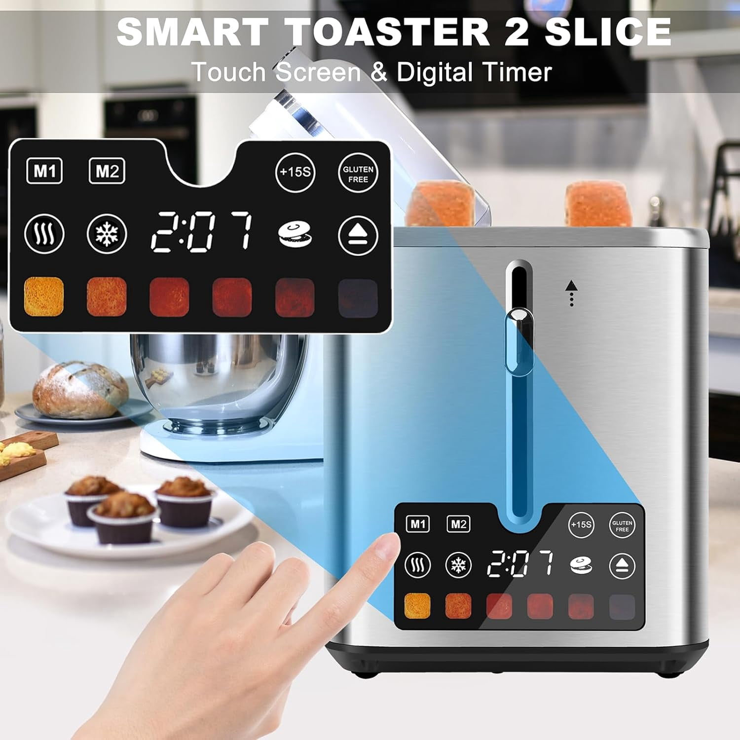 Sensor Toaster Touch Screen Toaster 2 Slice, Bagel Toaster with LCD Display, Stainless ...