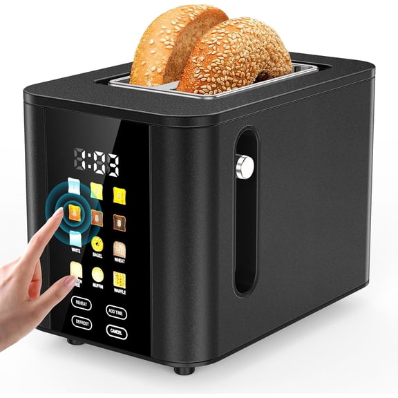 Touch Screen Toaster 2 Slice Black Toaster with Digital Countdown Wide Slot LCD Display 2 Slice Toasters Smart Toasters 6 Shade Settings 6 Bread Type with Reheat/Add Time/Defrost/Cancel Function