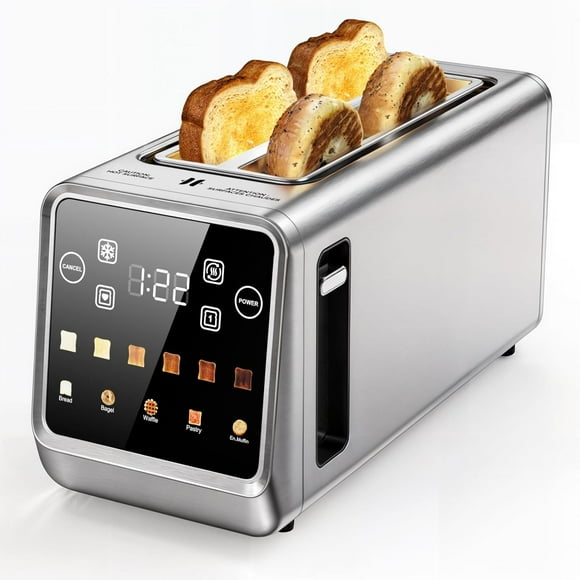 Touch Screen Toaster 4 Slice, 2 Wide Slot Stainless Steel Smart Digital Toasters with 6 Toast Levels & 5 Bread Types, 1400W Bagel Toaster - Memory Function/Single Slot Toasting/Defrost/Reheat