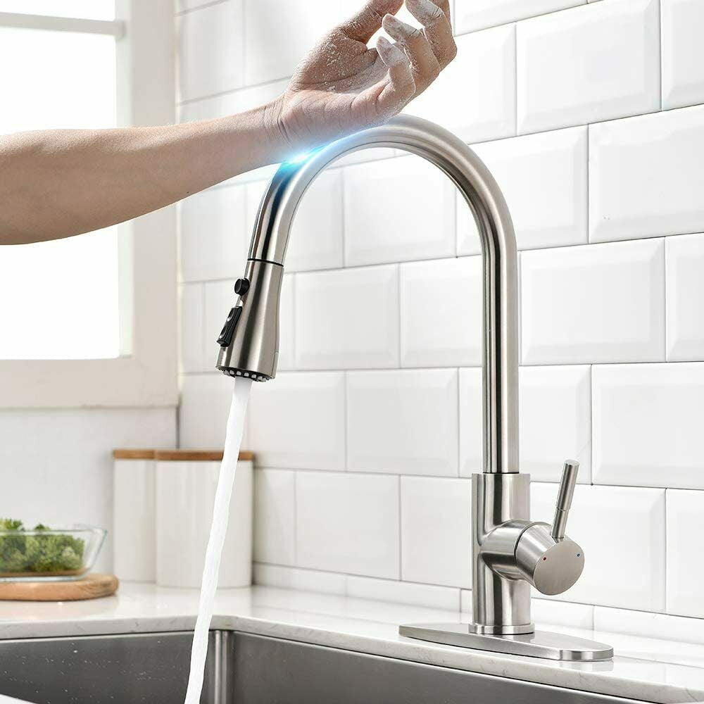 Touch Sensor Brushed Nickel Kitchen Faucet Sink Pull Down Sprayer Swivel  w/Cover 