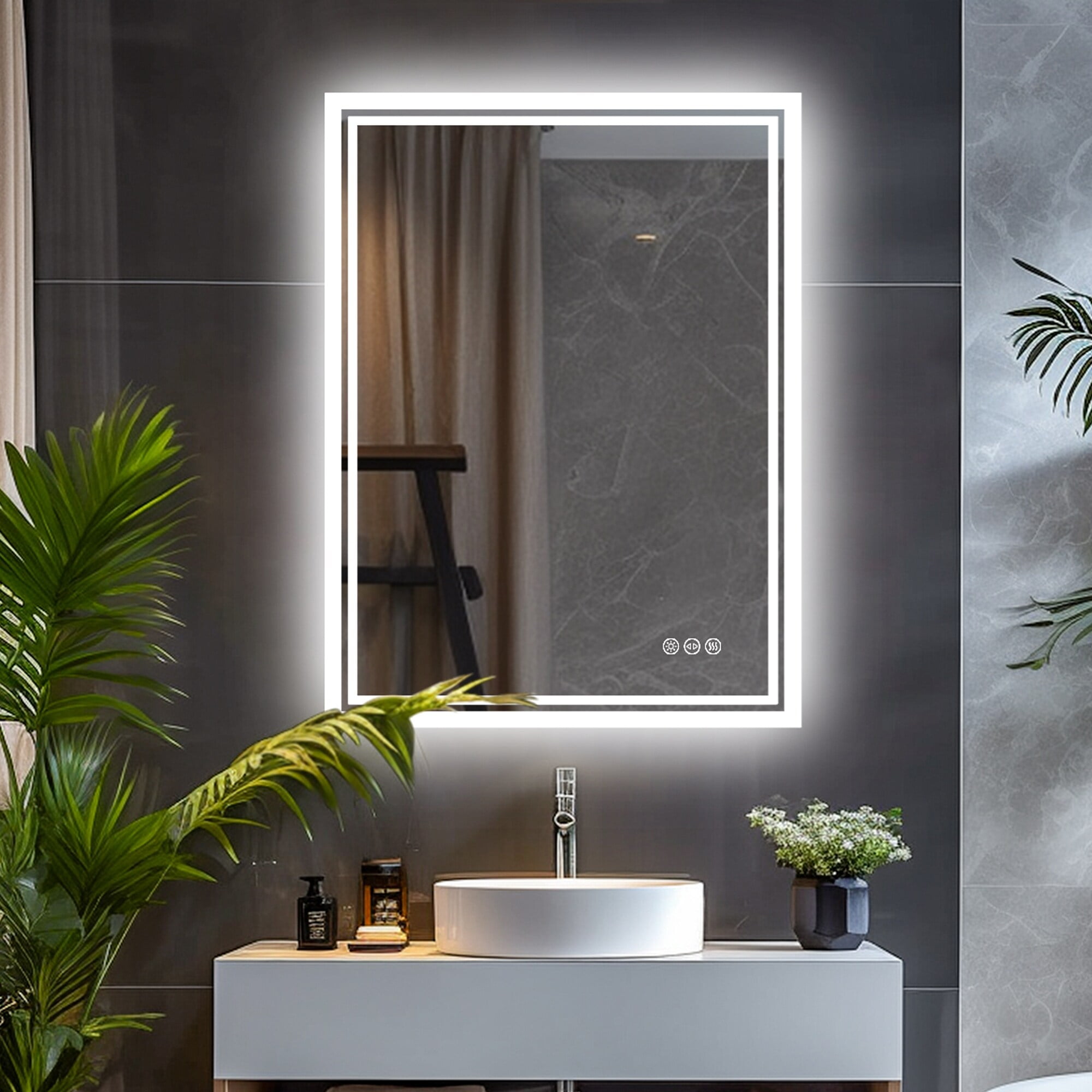 Silver Rectangular LED Bathroom Vanity Mirror with Touch Sensor