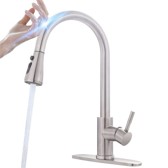 Touch Sensor Pull-Down Sprayer Kitchen Faucet, Motion-Activated Single Handle, Deck Plate, 304 Stainless Steel, Brushed Nickel/Matte Black