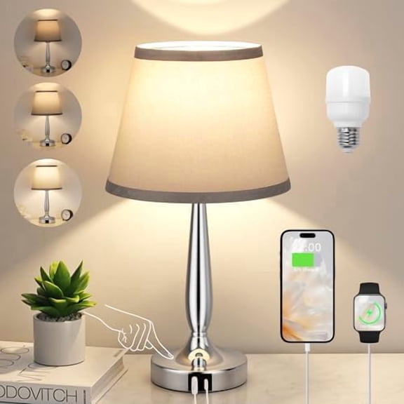 Touch Table Lamp for Bedroom, Small Bedside Lamp with USB C Charging Port, 3 Way Dimmable Touch Control Nightstand Lamp for Living Room and Office, Gray Shade and Silver Base
