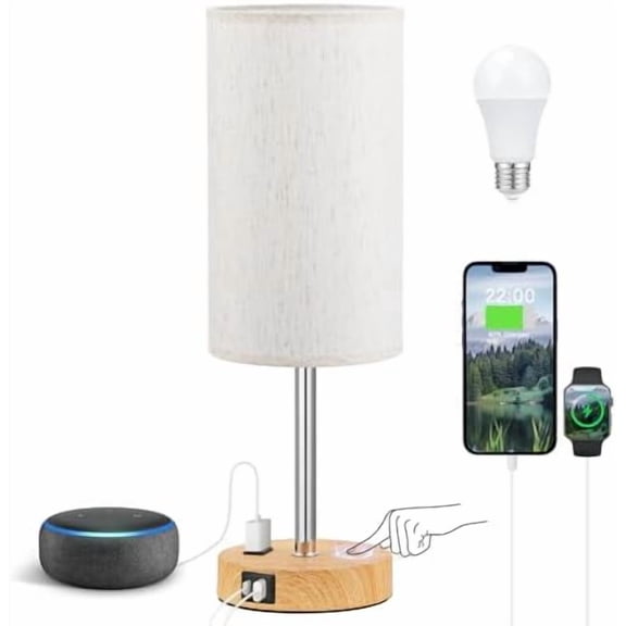 Touch Table Lamp - Cream, 3-Way Dimmable, USB A + C Charging, AC Outlet, 17.4inch Medium, Wood Grain Base