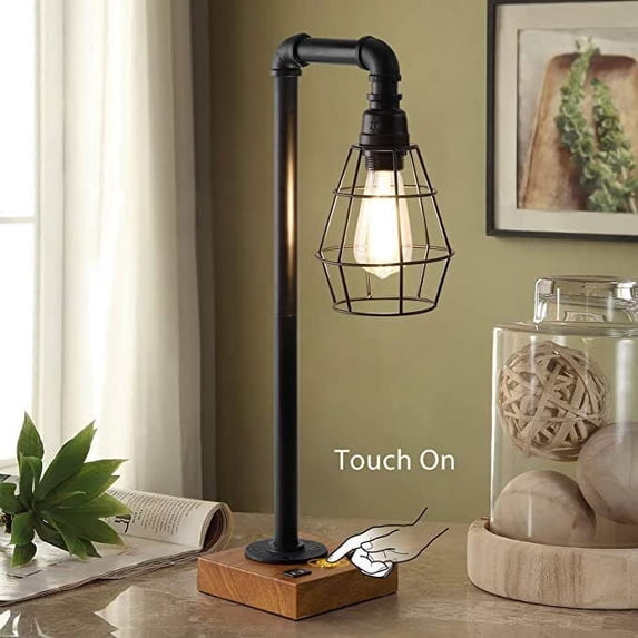 OLOV Brown Touch Table Lamp with 2 USB and 1 AC Nightstand Desk Lamp, 42.3 x 26.5 x 13.5 cm