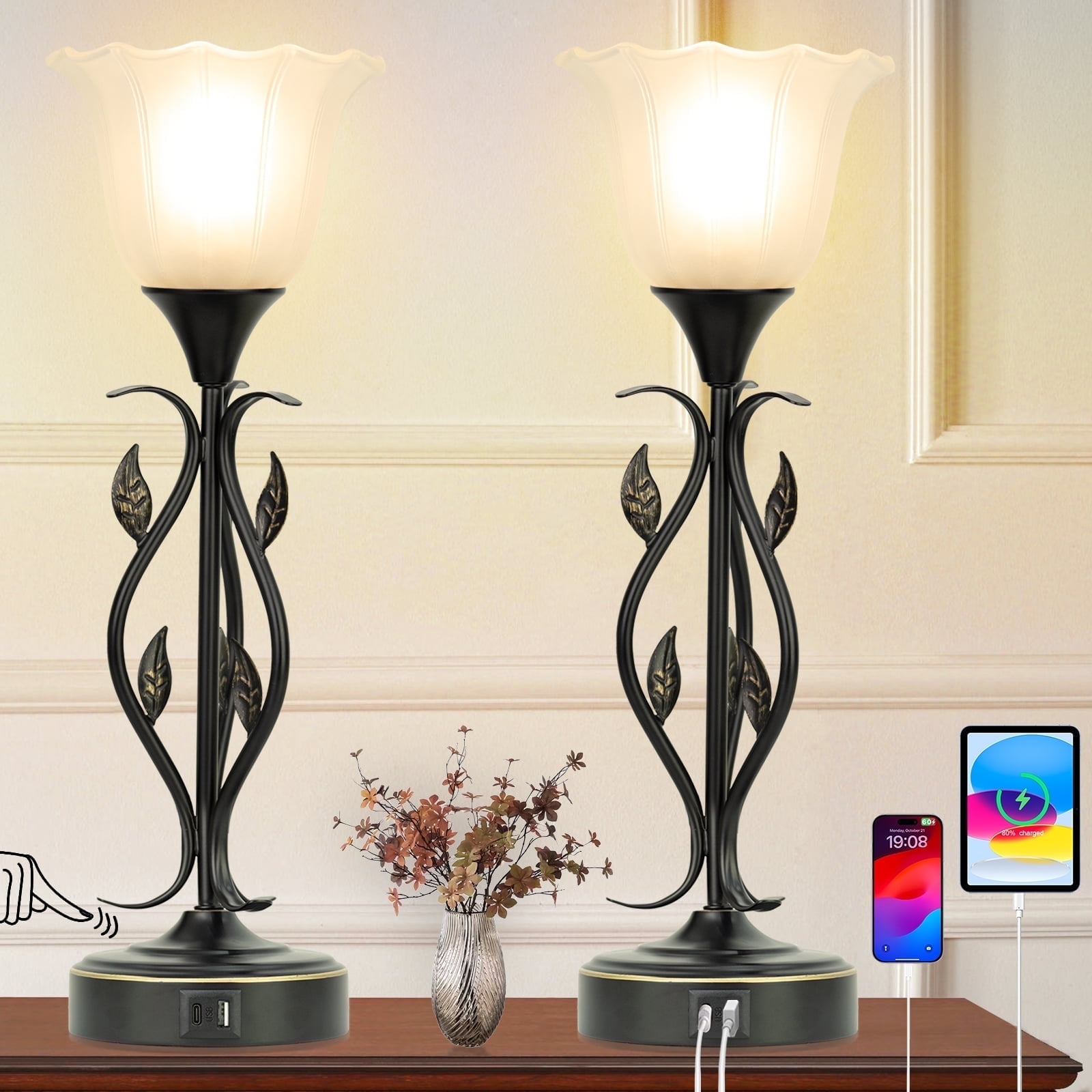 Touch Table Lamps for Bedroom Set of 2, Bedside Lamps with USB Ports, 3-Way Dimmable Decorative Nightstand Lamp Rustic Leaf Torchiere Glass Flower Lamp for Living Room Dresser (Bulbs Included)