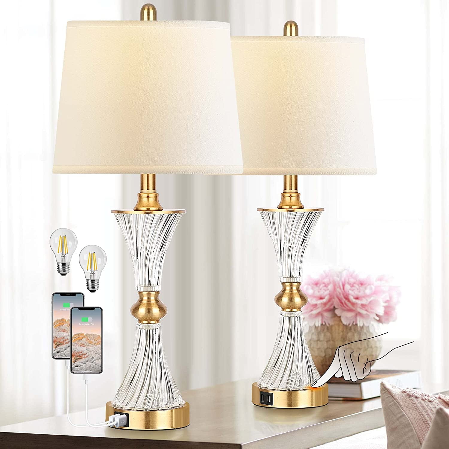 Touch Table Lamps for Bedroom Set of 2 Modern Living Room Bedside