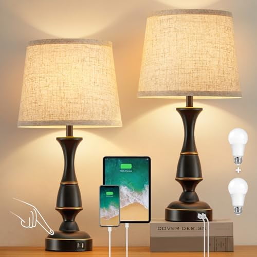 Touch Table Lamps Set of 2, 22" Tall Bedside Lamps with Dual USB A Ports, Dimmable Nightstand Lamps for Bedroom, Living Room, Office, Black Lamps with Beige Lampshade, Bulb Included