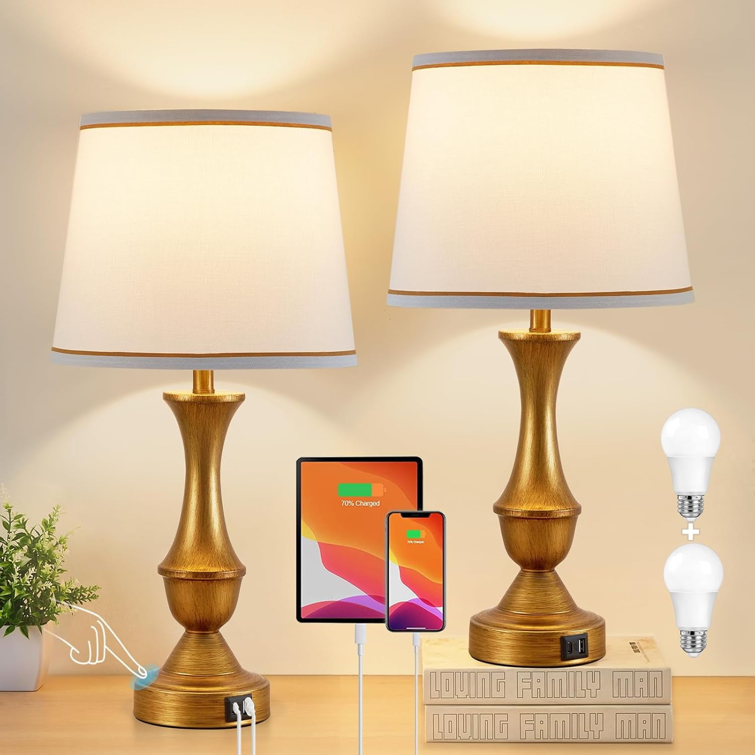 Touch Control Crystal Table Lamp With USB C A Charging Ports, 3-Way Dimmable Bedside Touch Lamp Decorative Nightstand Lamp With Elegant Lampshade For Living Room Bedroom, B11 LED Bulb Included - View #9