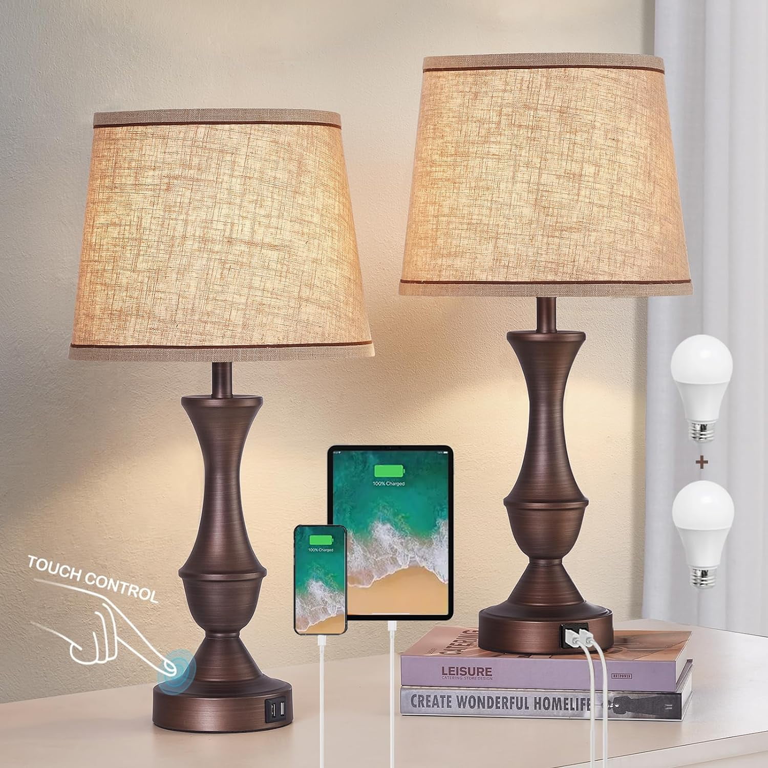 Brown Touch Table Lamps Set with USB Ports and 3-Way Switch