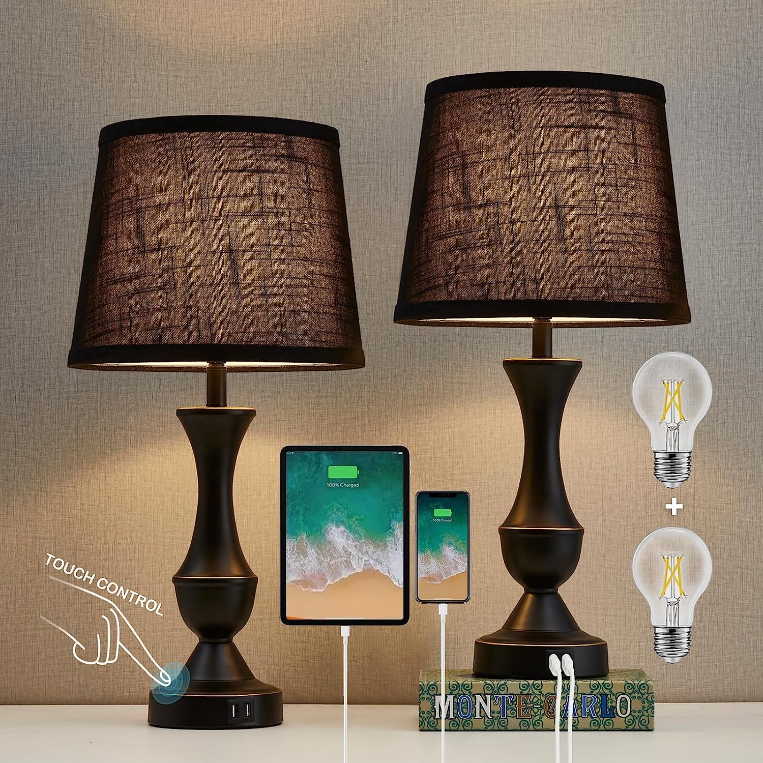 Black Touch Control 22" Table Lamps Set with USB Ports and Linen Shades