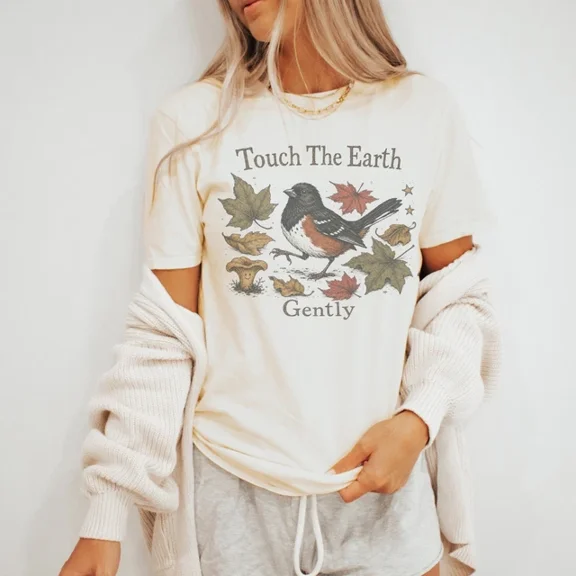 Touch The Earth Gently Graphic Tee Autumn Bird Nature Art Size S-5Xl Heygategoo Tee