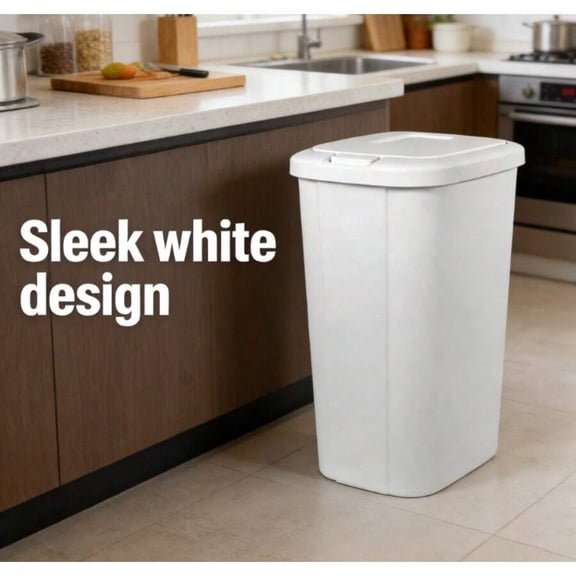 Touch Top Trash Can 13.3 Gallon White Plastic Garbage Bin with Push Button Lid, Large Kitchen Waste Basket for Home and Office, Slim Wastepaper Crate for Indoor Use