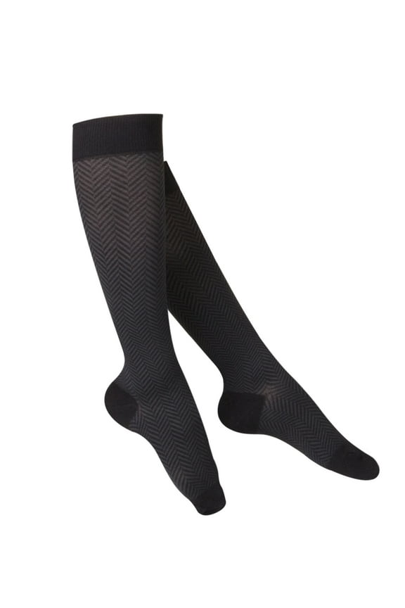 Women's Knee High Compression Socks, 20-30 mmHg, Black Herringbone Pattern, Medium