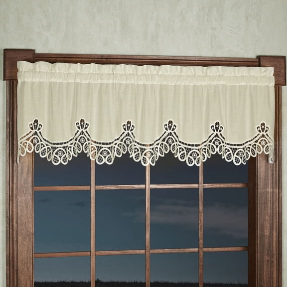 Touch of Class Abilene Ecru Cream Farmhouse Scallop Lace Embroidery Curtain Valances, 56 x 14 in