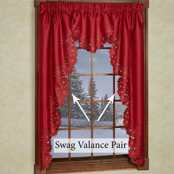 Touch of Class Christmas Poinsettia Scalloped Embroidery Polyester Valance Pair - Red, Gold, Green - 60 x 63