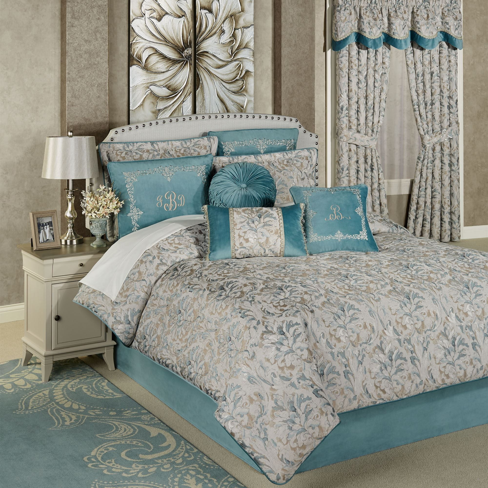 Lansbury Pale Teal Floral Jacquard Queen Comforter Set
